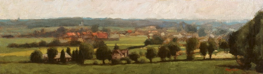 landschap: 'Gezicht Op Stokkum' olieverf op linnen marouflé door kunstschilder Frans Koppelaar.