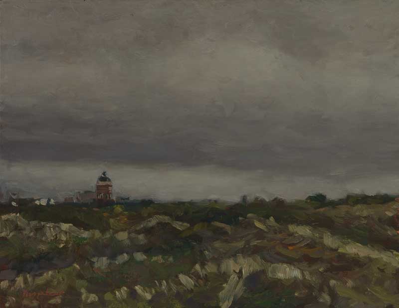 landschap: 'Oostduinen Met Watertoren' olieverf op paneel door kunstschilder Frans Koppelaar.