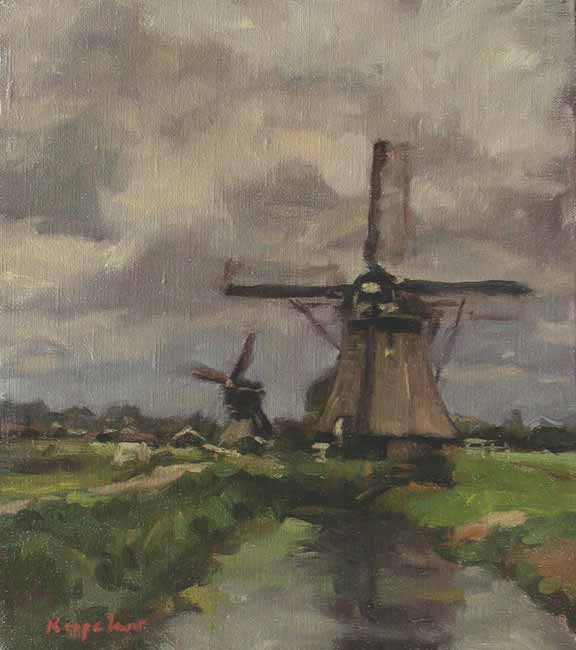 landschap: 'Molens bij Streefkerk' olieverf op linnen marouflé door kunstschilder Frans Koppelaar.