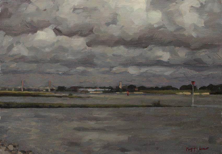 landschap: 'De Waal bij Zaltbommel' olieverf op linnen marouflé door kunstschilder Frans Koppelaar.