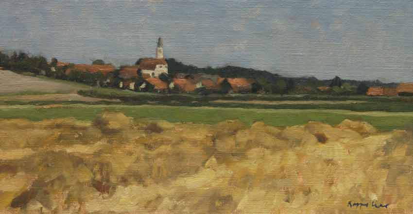 landschap: 'Gezicht op Droeszling' olieverf op linnen marouflé door kunstschilder Frans Koppelaar.