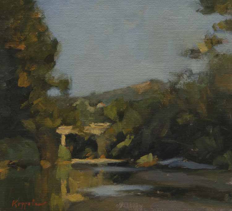 landschap: 'Fiume Santerno, Italië' olieverf op linnen marouflé door kunstschilder Frans Koppelaar.