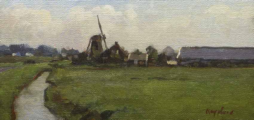 art work: 'Landscape with windmill near Lisse' oil on canvas marouflé by Dutch painter Frans Koppelaar.