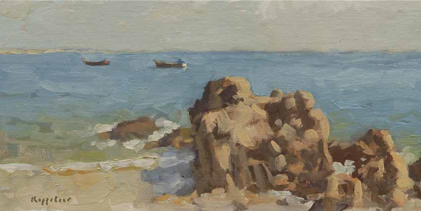 landschap: 'Portinho da Arábida, Portugal' olieverf op linnen marouflé door kunstschilder Frans Koppelaar.