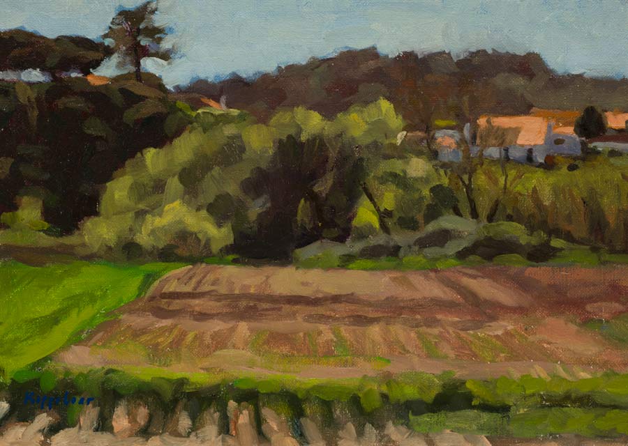 landscape: 'Fields near Alfarim, Portugal' oil on canvas marouflé by Dutch painter Frans Koppelaar.