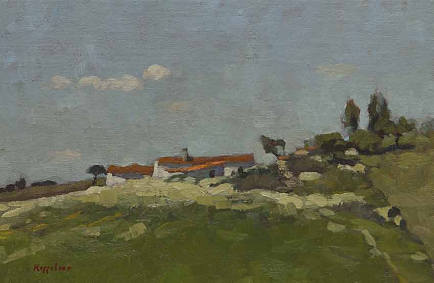 landscape: 'Farm on a hill, Portugal' oil on canvas marouflé by Dutch painter Frans Koppelaar.