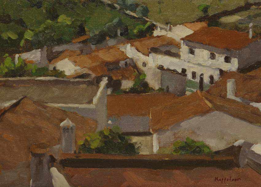 landscape: 'Roof-tops (Martim Longo, Portugal)' oil on canvas marouflé by Dutch painter Frans Koppelaar.