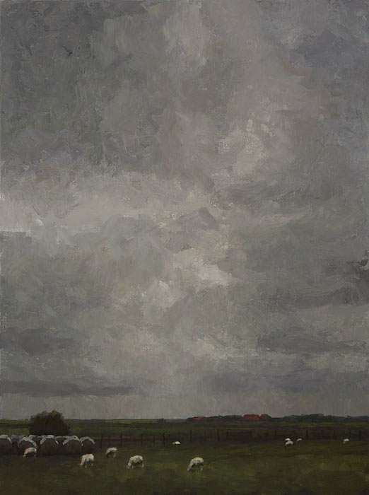 landscape: 'Breaking clouds over Texel' oil on canvas by Dutch painter Frans Koppelaar.