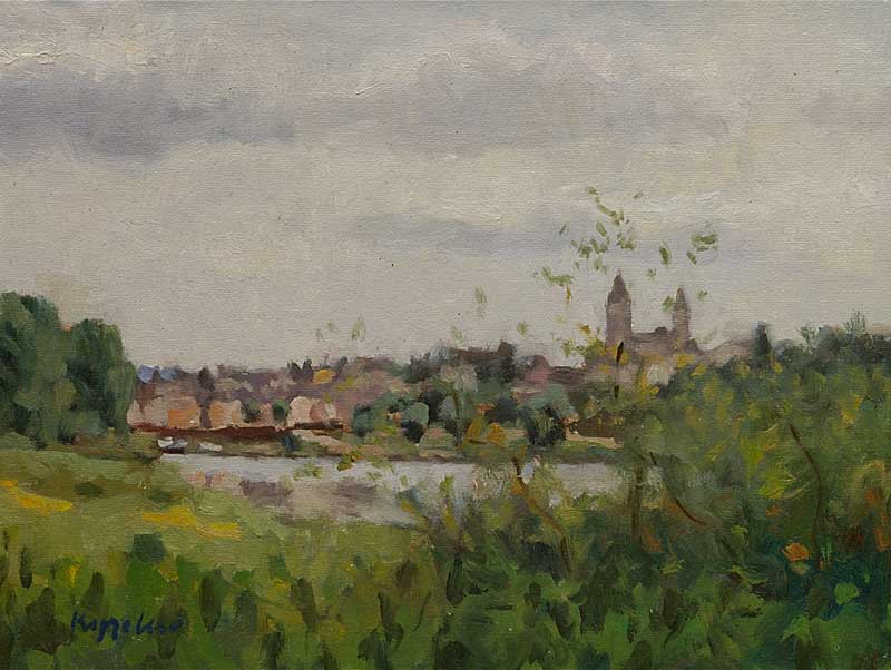 landscape: 'View at Tournus, France' oil on canvas marouflé by Dutch painter Frans Koppelaar.