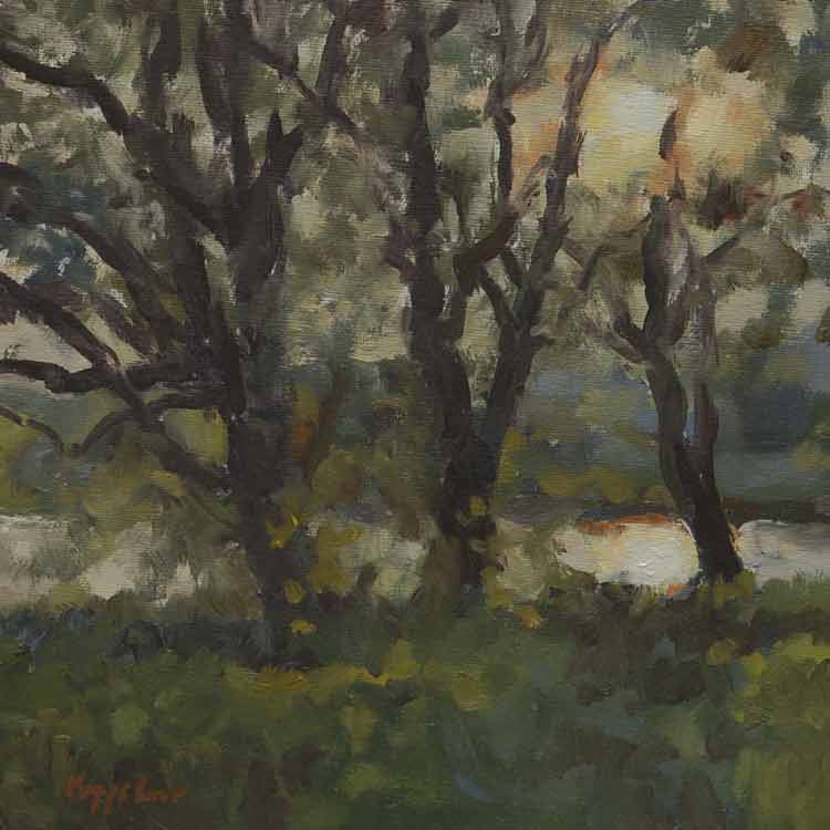 landscape: 'Three Willow Trees' oil on canvas marouflé by Dutch painter Frans Koppelaar.