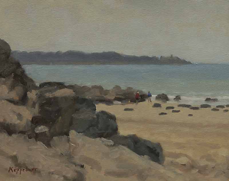 landschap: 'Bijna Leeg Strand' olieverf op doek marouflé door kunstschilder Frans Koppelaar.