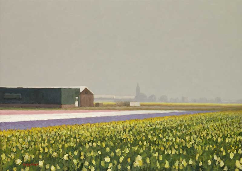 landscape: 'Bulb Fields' oil on canvas by Dutch painter Frans Koppelaar.