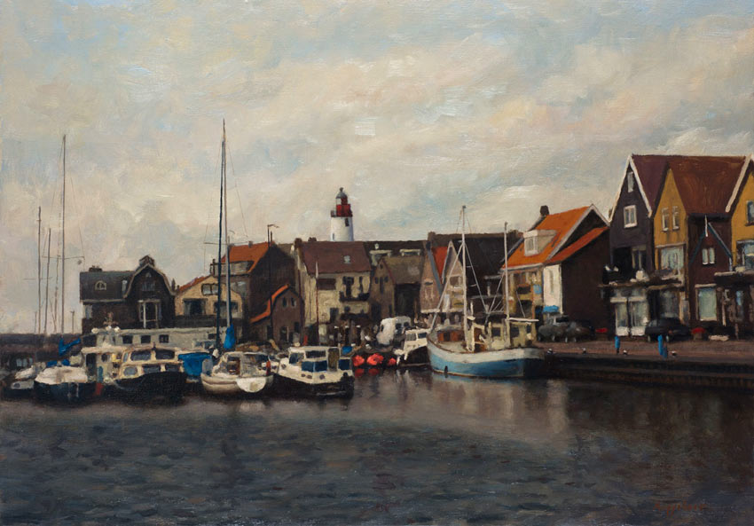 landschap: 'Haven, Urk' olieverf op linnen door kunstschilder Frans Koppelaar.