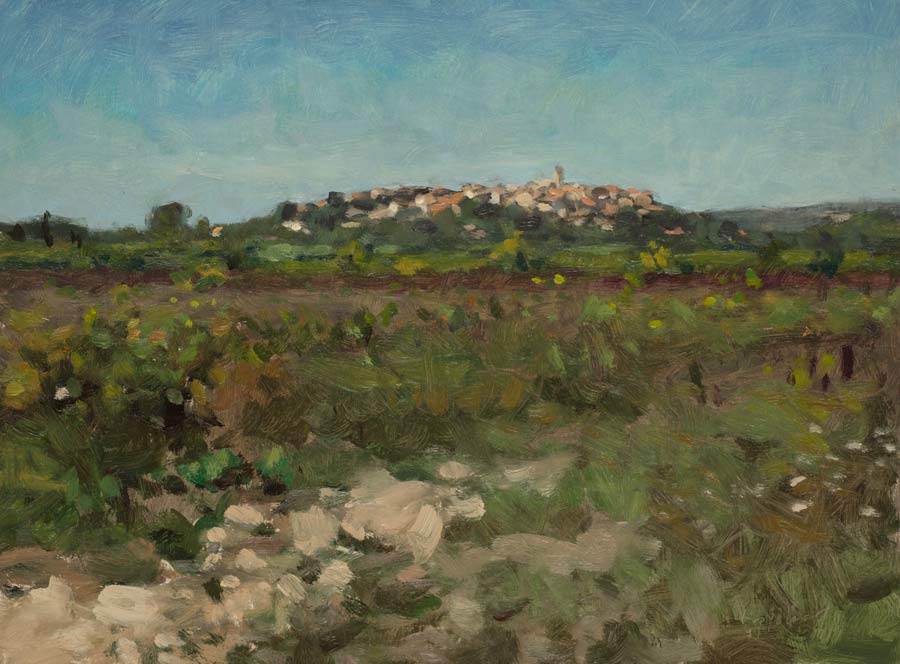 landschap: 'Gezicht op Théziers' olieverf op paneel door kunstschilder Frans Koppelaar.