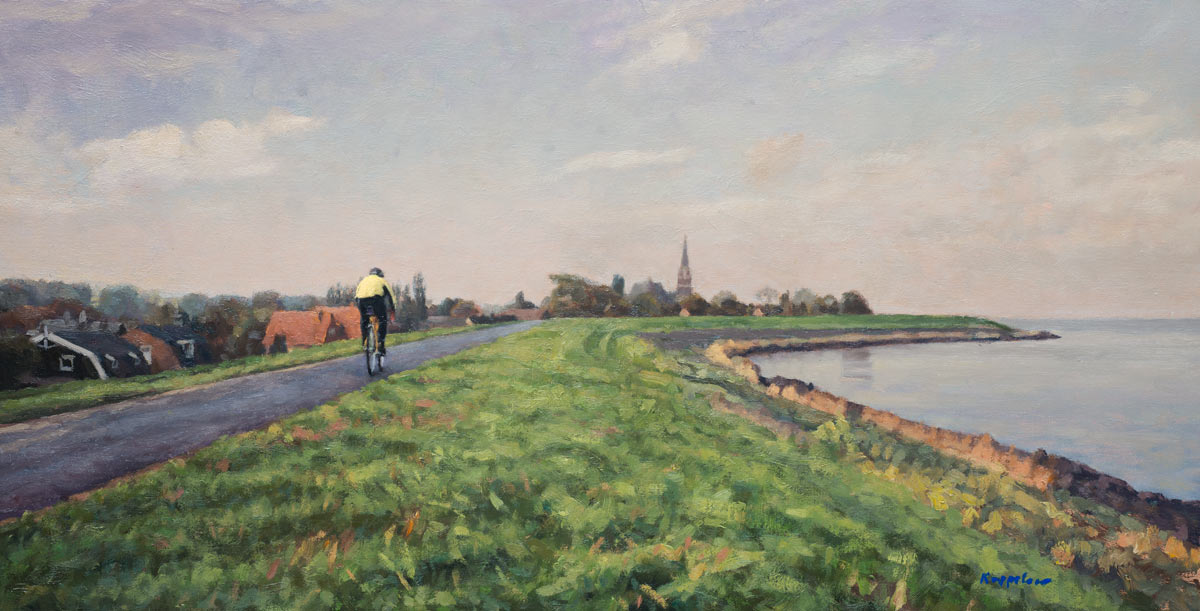 landscape: 'Cyclist on a dike' oil on canvas by Dutch painter Frans Koppelaar.