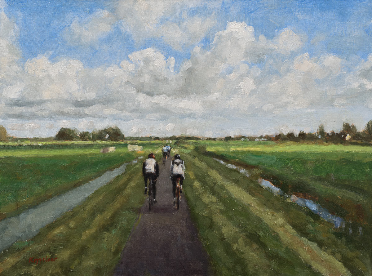 kunstwerk: 'Landschap met Wielrenners' olieverf op linnen door kunstschilder Frans Koppelaar.