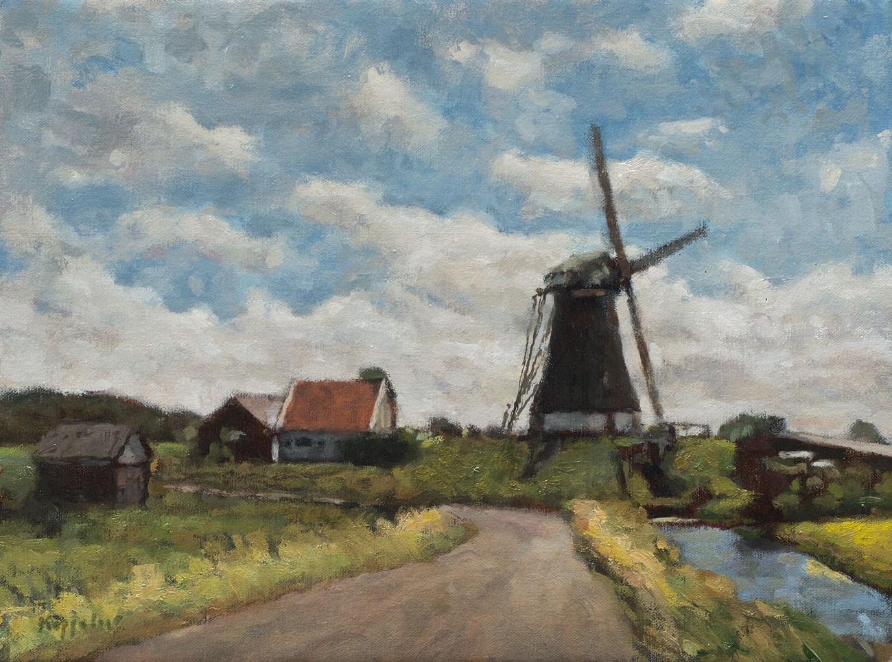 landschap: 'Poldermolen' olieverf op linnen door kunstschilder Frans Koppelaar.