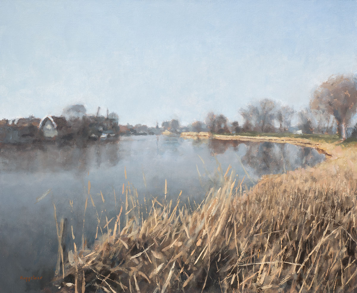 landschap: 'De Vecht bij Weesp' olieverf op linnen door kunstschilder Frans Koppelaar.