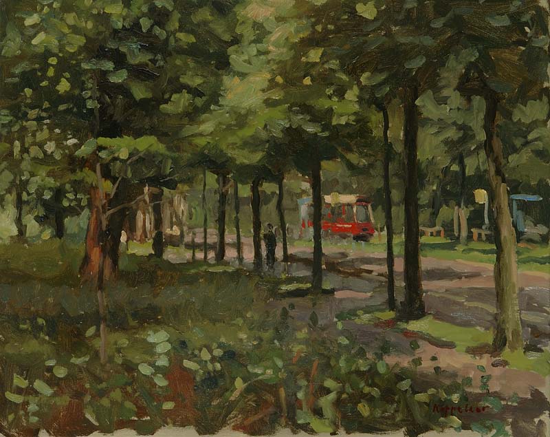 kunstwerk: 'Scheveningseweg, Den Haag' olieverf op linnen door kunstschilder Frans Koppelaar.