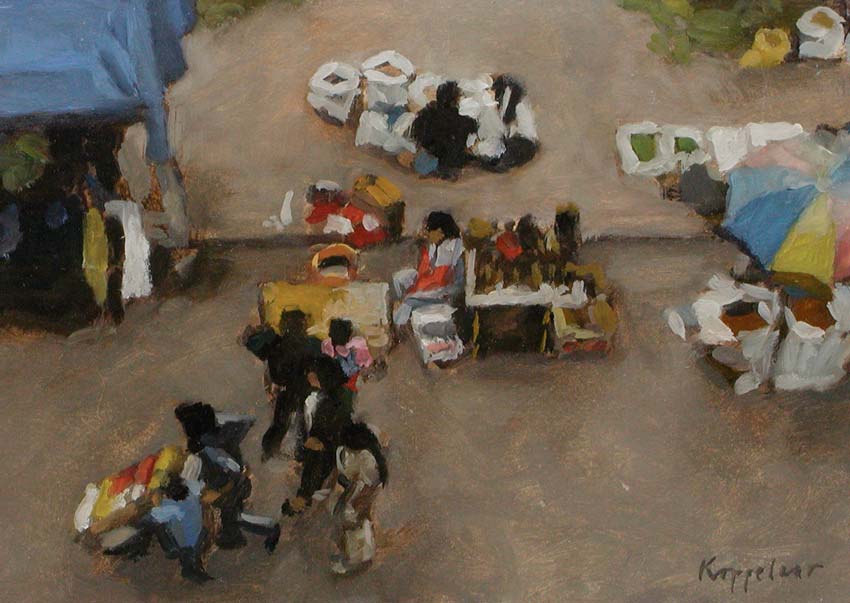 kunstwerk: 'Otavalo Markt, Ecuador' olieverf op papier marouflé door kunstschilder Frans Koppelaar.