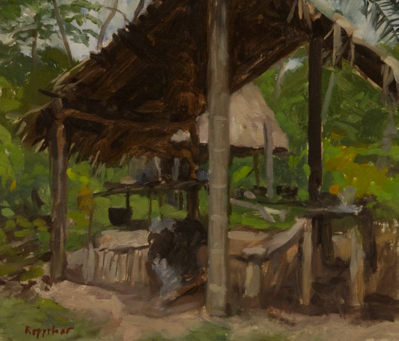 kunstwerk: 'Jungle Restaurant' olieverf op papier marouflé door kunstschilder Frans Koppelaar.