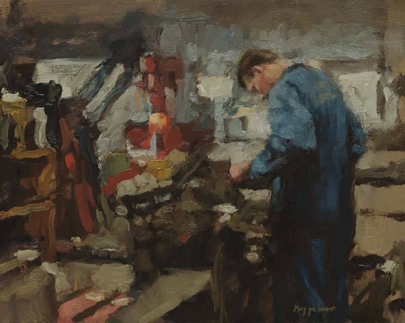 art work: 'Engine Repair Workshop' oil on canvas by Dutch painter Frans Koppelaar.