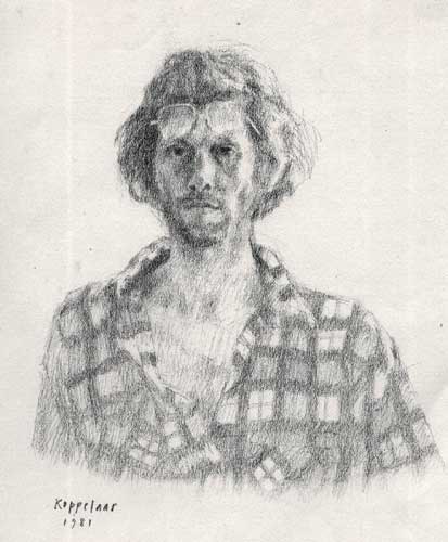 art work: 'Selfportrait in checkered shirt' black crayon by Dutch painter Frans Koppelaar.