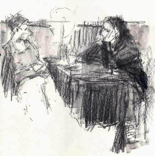 drawing: 'Catching Up' black crayon by Dutch painter Frans Koppelaar.