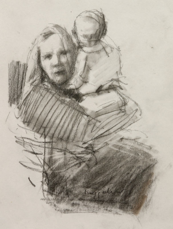 kunstwerk: 'Moeder en Kind' zwart krijt door kunstschilder Frans Koppelaar.