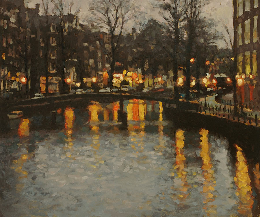 kunstwerk: 'Oudezijdsvoorburgwal bij Avond' giclée druk door kunstschilder Frans Koppelaar.