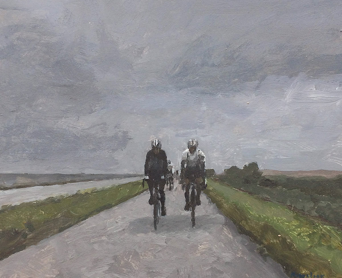 drawing: 'Cyclists on a dike' acrylics on paper by Dutch painter Frans Koppelaar.