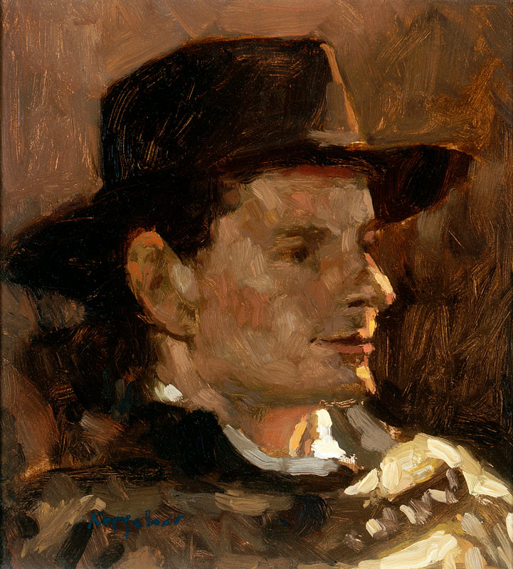 portret: 'Man met Hoed' olieverf op paneel door kunstschilder Frans Koppelaar.