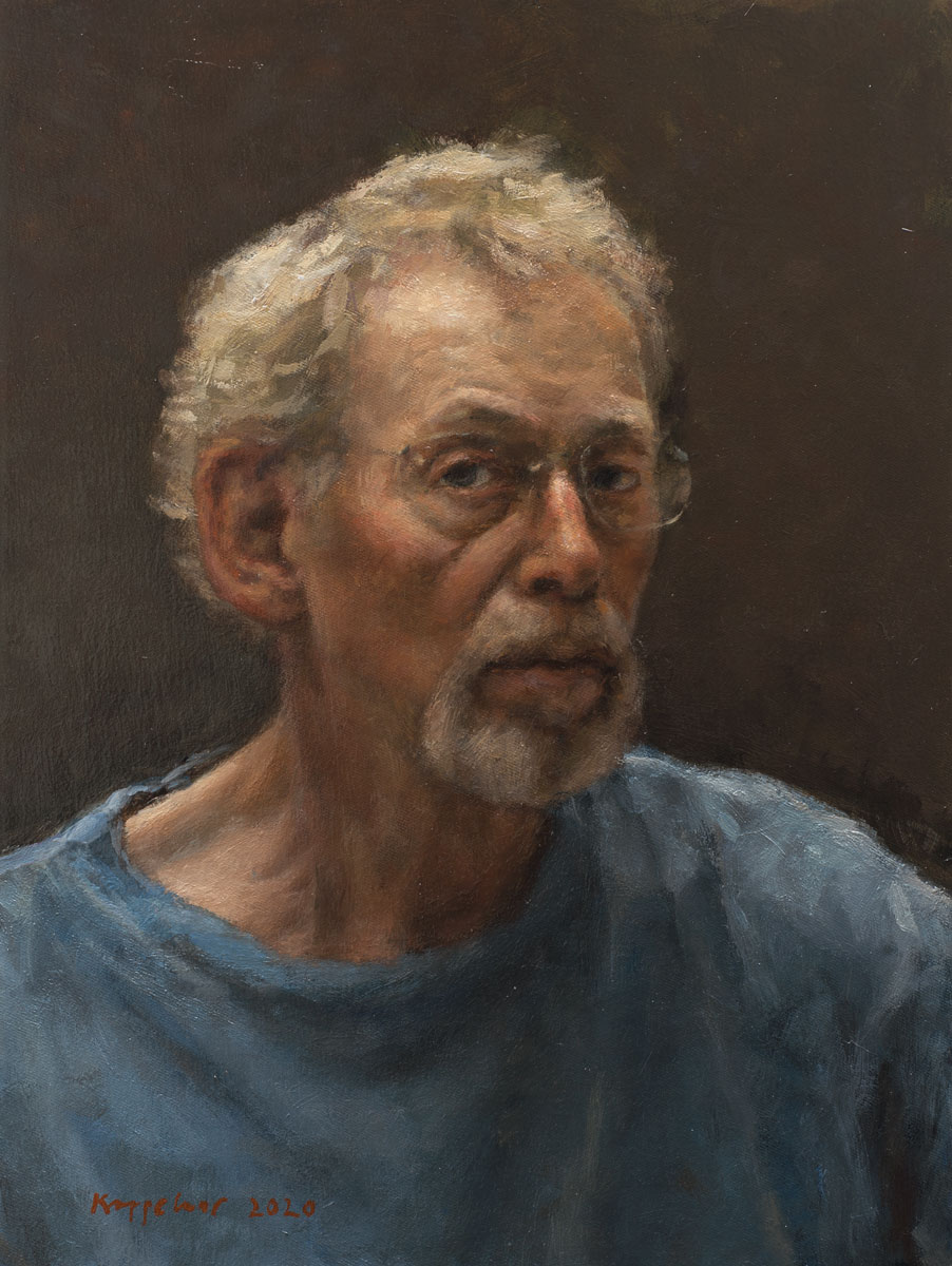 art work: 'Self portrait with blue shirt' oil on canvas by Dutch painter Frans Koppelaar.