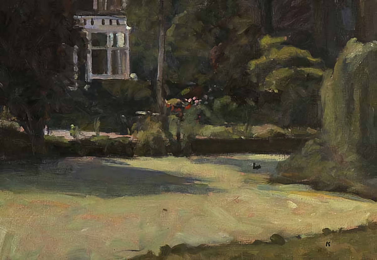 stadsgezicht: 'Vondelpark, Amsterdam' olieverf op linnen door kunstschilder Frans Koppelaar.