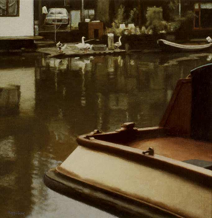 cityscape: 'Amsterdam Canal with Geese Raft' acrylic, tempera, oil on canvas by Dutch painter Frans Koppelaar.