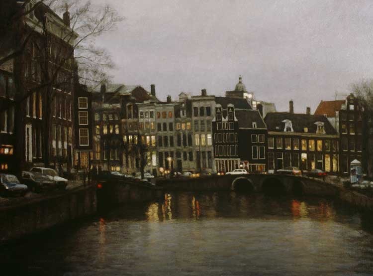 stadsgezicht: 'Winternamiddag, Herengracht' olieverf op linnen door kunstschilder Frans Koppelaar.