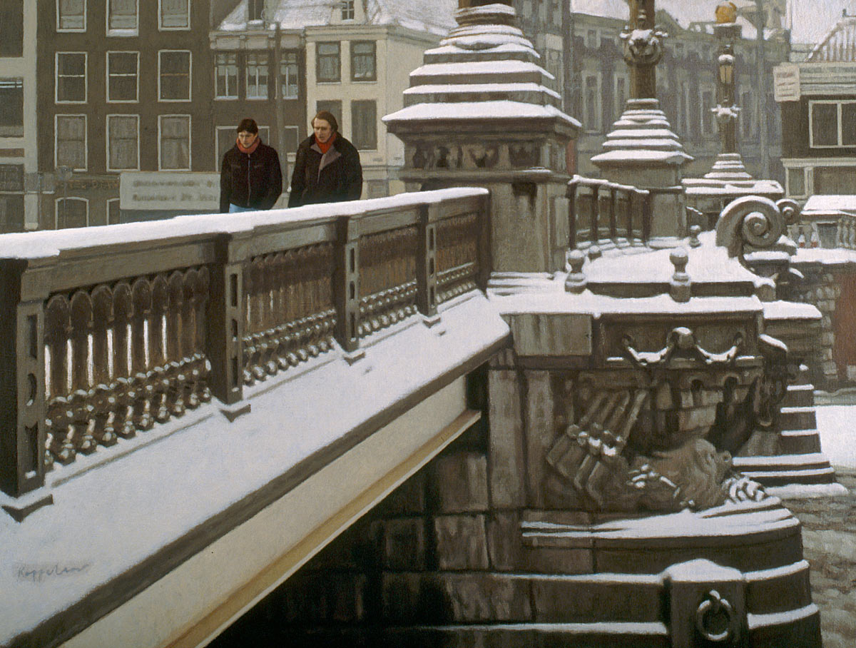stadsgezicht: 'Besneeuwde Blauwbrug' olieverf op linnen door kunstschilder Frans Koppelaar.