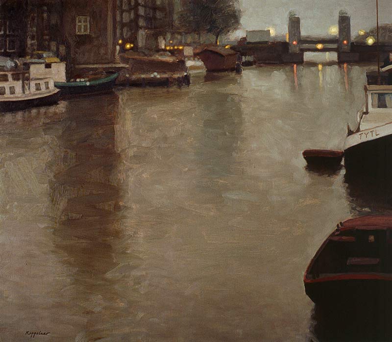 cityscape: 'Oude Schans at Daybreak' oil on canvas by Dutch painter Frans Koppelaar.