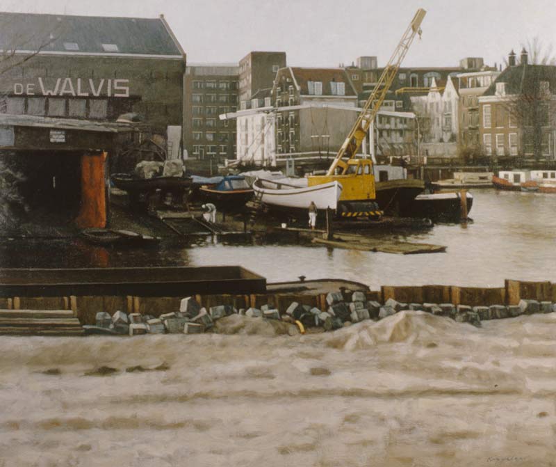 stadsgezicht: 'Scheepswerf De Walvis' olieverf op linnen door kunstschilder Frans Koppelaar.