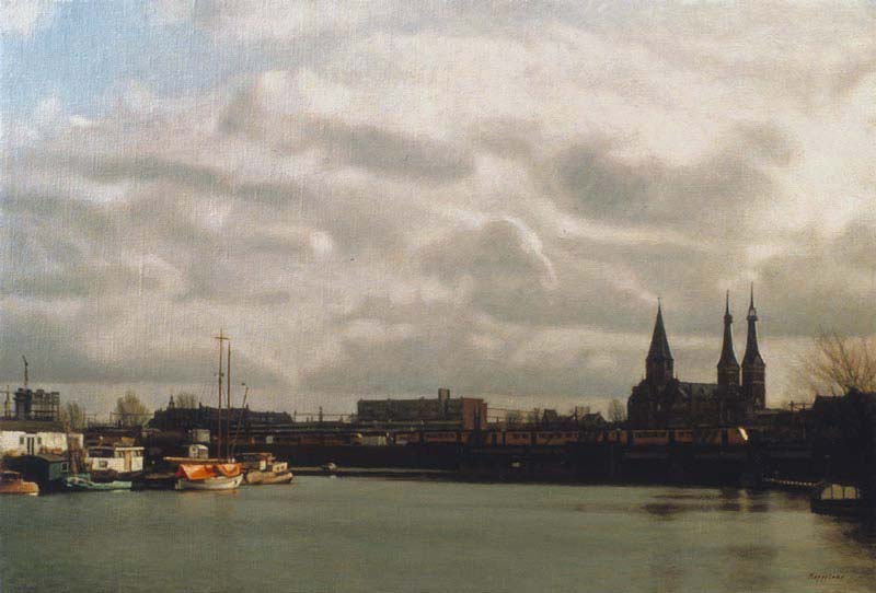 stadsgezicht: 'Westerdok' olieverf op linnen door kunstschilder Frans Koppelaar.