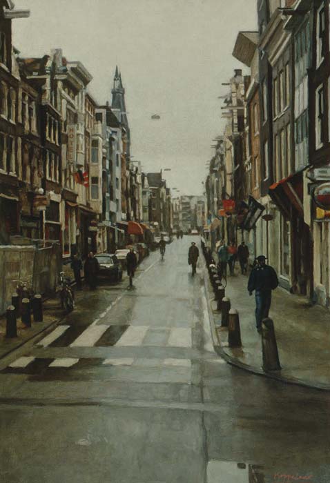 stadsgezicht: 'Haarlemmerdijk na regen' olieverf op linnen. door kunstschilder Frans Koppelaar.