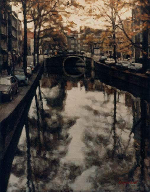 cityscape: 'Small Canal, Autumn' oil on canvas marouflée by Dutch painter Frans Koppelaar.