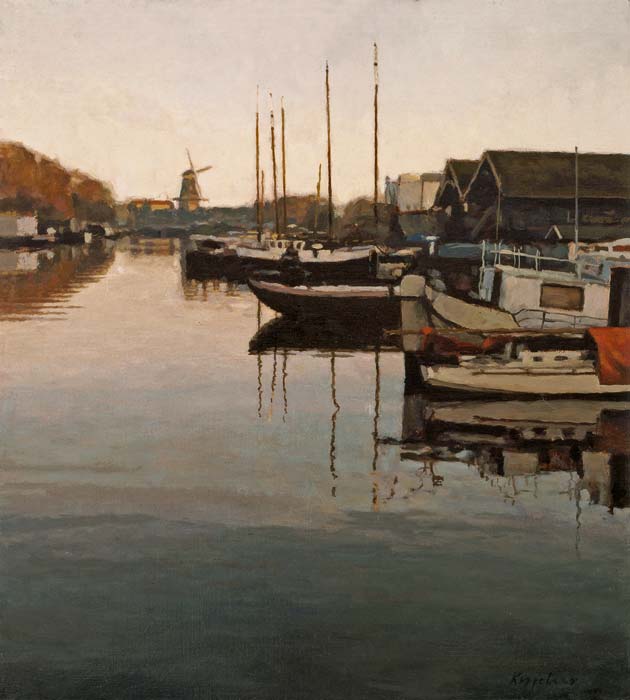 stadsgezicht: 'Nieuwe Vaart -2-' olieverf op linnen door kunstschilder Frans Koppelaar.