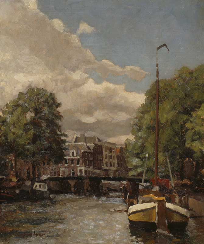 stadsgezicht: 'Brouwersgracht' olieverf op paneel door kunstschilder Frans Koppelaar.
