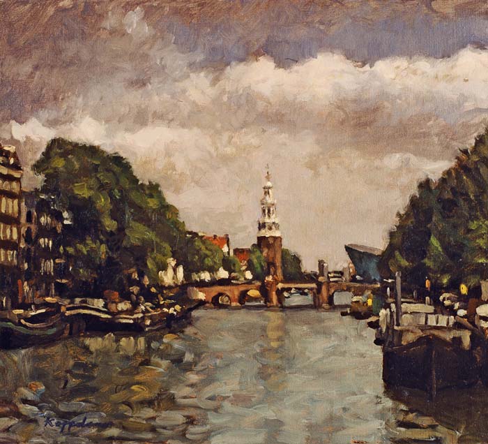 stadsgezicht: 'Oude Schans' olieverf op linnen door kunstschilder Frans Koppelaar.