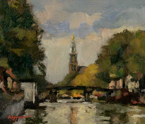 stadsgezicht: 'Prinsengracht herfst' olieverf op paneel door kunstschilder Frans Koppelaar.