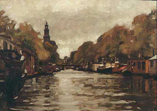 cityscape: 'Amsterdam Canal Prinsengracht with Rainy Sky' oil on canvas marouflée by Dutch painter Frans Koppelaar.