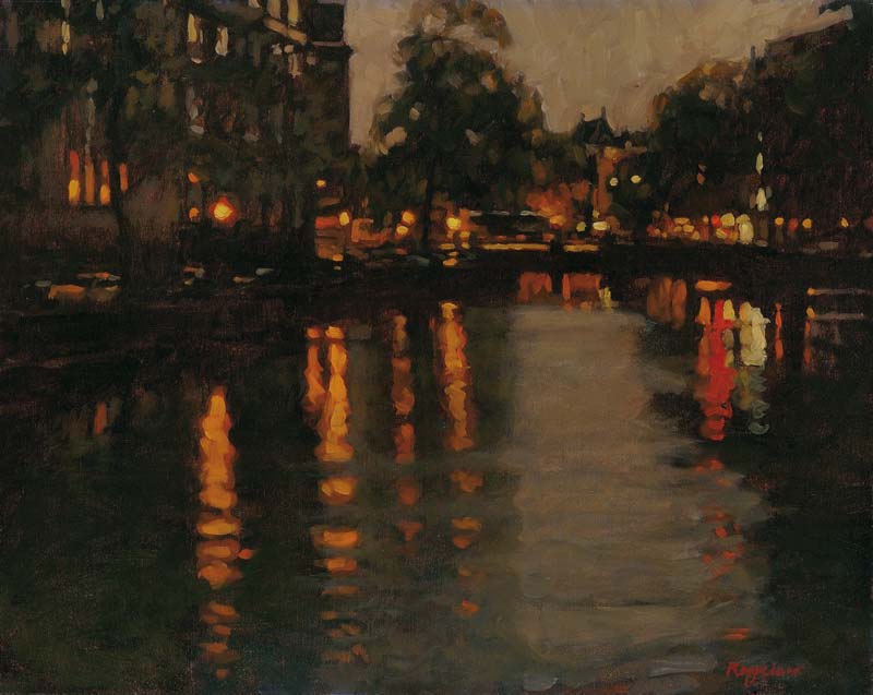 stadsgezicht: 'Gezicht op de Raadhuisstraat bij avond' olieverf op linnen door kunstschilder Frans Koppelaar.