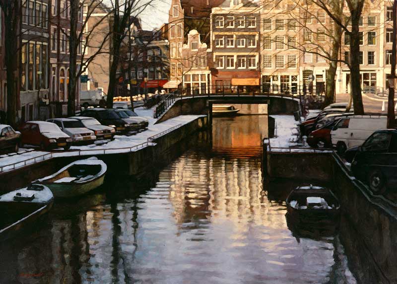 stadsgezicht: 'Leliegracht in de sneeuw' olieverf op linnen door kunstschilder Frans Koppelaar.