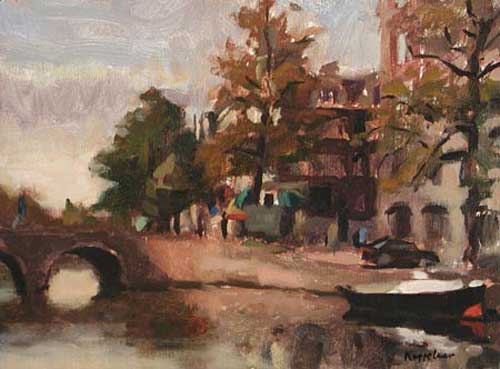 cityscape: 'Amsterdam Canal, Autumn' oil on canvas marouflée by Dutch painter Frans Koppelaar.